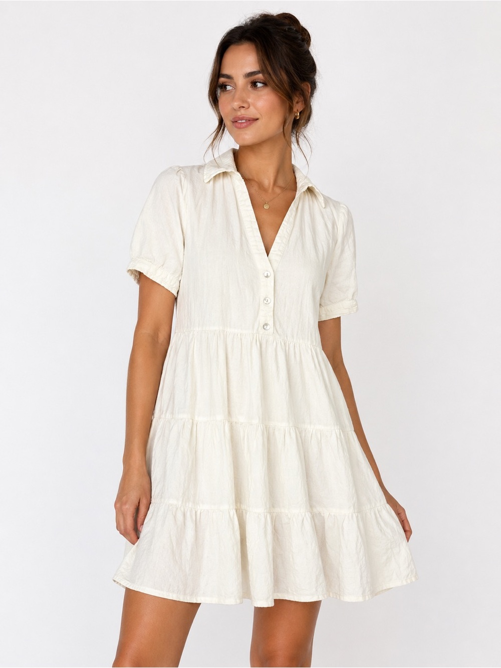 Zara Button Up Shirt Dress Womens M White Tiered Mini Casual Summer Linen Blend
